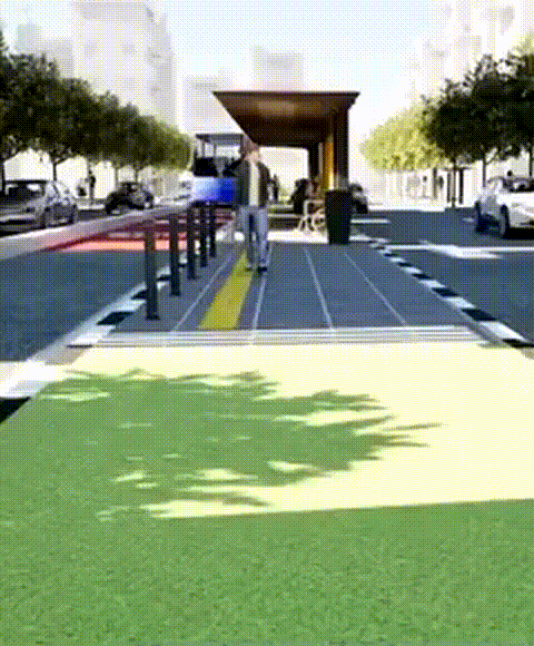 Gambar bergerak dalam format GIF, menampilkan visualisasi halte, jalur khusus, dan kondisinya saat sudah beroperasi