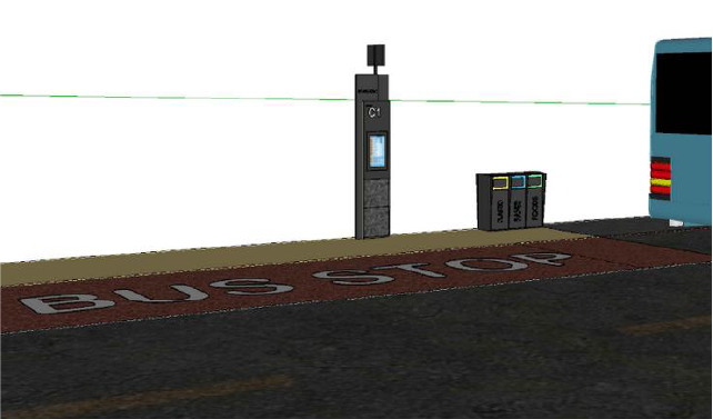 Tipe perhentian off-corridor pole, menampilkan sebuah papan informasi berbentuk totem dengan nama halte dan informasi rute