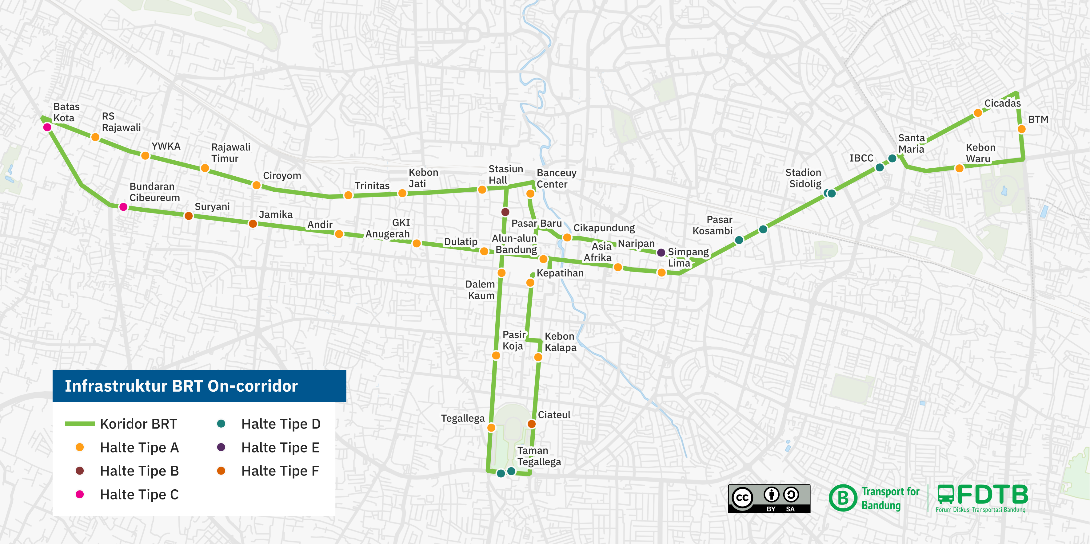 Peta rencana koridor BRT di Kota Bandung beserta halte-halte on-corridor